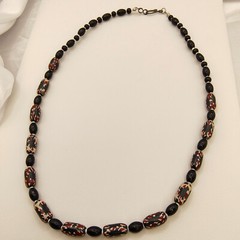 Vintage Barrel Bead Necklace Red Black White Abstract Tribal 22″ Matinee Length