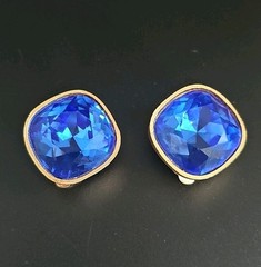 Vintage Mary Frost Crystal Royal Blue Gold Clip Earrings Statement Runway