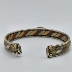 Vtg Tibetan Mixed Metal Cuff Bracelet Turquoise Garnet Tri Metal Nepal Bangle