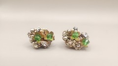 1950s Original by Robert Signed Clip On Earrings Floral Green Crystal Cluster