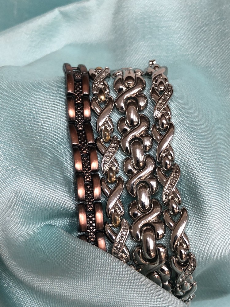 Lot of 4 Silver Tone Copper Tone Links Rhinestones Bracelets