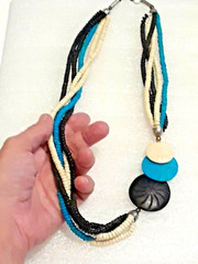 Vintage, Blue, off-white, black, handcrafted chunky beaded necklace.
