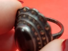 Vintage Uncas Mfg. Sterling Silver 925 Oval Onyx & Marcasite Ring Size 4.5 *