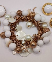 Gold Tone Starfish Statement Bracelet and Earrings Set Nautical Pearl Sea Life