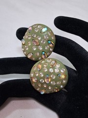 Vintage Weiss Aurora Borealis Earrings GREEN Bakelite Clip-on Tested Signed