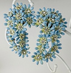 MCM Plastic Earrings Climbers Half Moon Clip On Blue Floral Rhinestone 3” Vtg