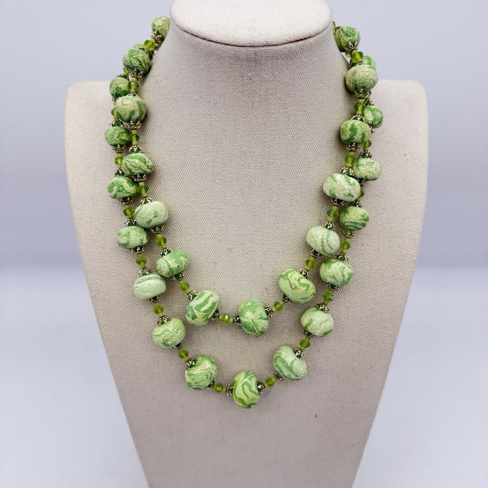 Vtg Faux Jade Necklace Green Sugar Bead Iridescent Large Heavy Statement Japan
