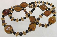 Vintage Art Glass Beaded Necklace Root Beer Brown & Black with Swirl Spacers