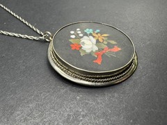 Antique Sterling Pietra Dura Pendant/Chain Floral Mosiac