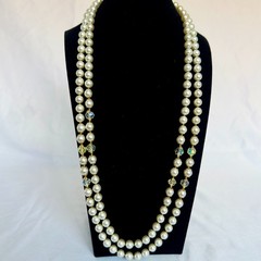 Vintage 56″ Long Faux Pearl AB Crystal Rope Necklace Gold Tone Aurora Borealis