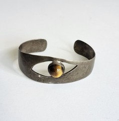 Vintage Taxco 925 Sterling Silver Tiger’s Eye Native Cuff Bracelet 30g Mexico