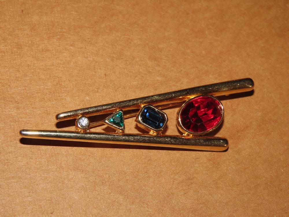 1990s MODERN ART PIN BROOCH GOLD TONE MULTI COLOR RHINESTONES SIGNED KEYES