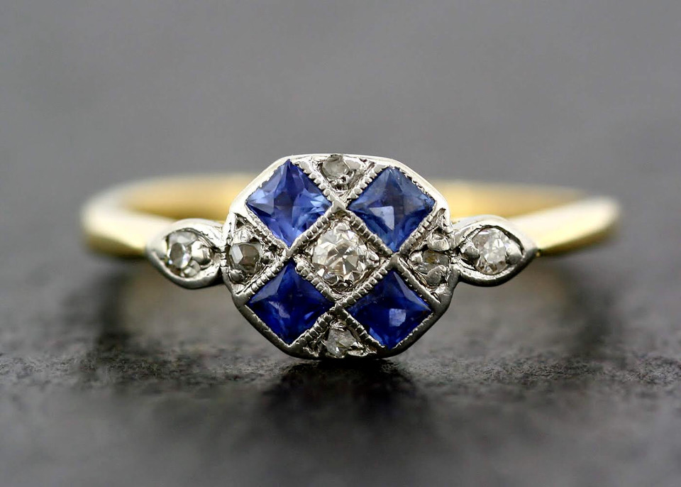 Art Deco Vintage Blue Sapphire & Lab Created Diamond Engagement 925 Silver Ring