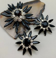 Vintage Judy Lee Brooch Earrings Set Black Navette Clear Rhinestone Flower