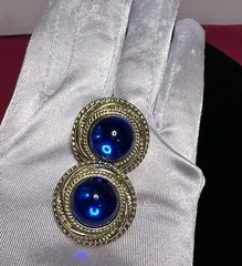 Vintage Blue Cabochon Oversized Chunky Textured Gold Tone Clip On Earrings 80s
