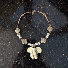 Vintage Carved Resin Elephant Necklace Signed JS, Joann She Choker Style