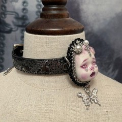 Gothic Crying Doll Head Choker Lace Pearl Butterfly Pendant Necklace