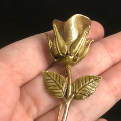 vintage long stem rose brushed gold tone enamel painted brooch 2.5 inches