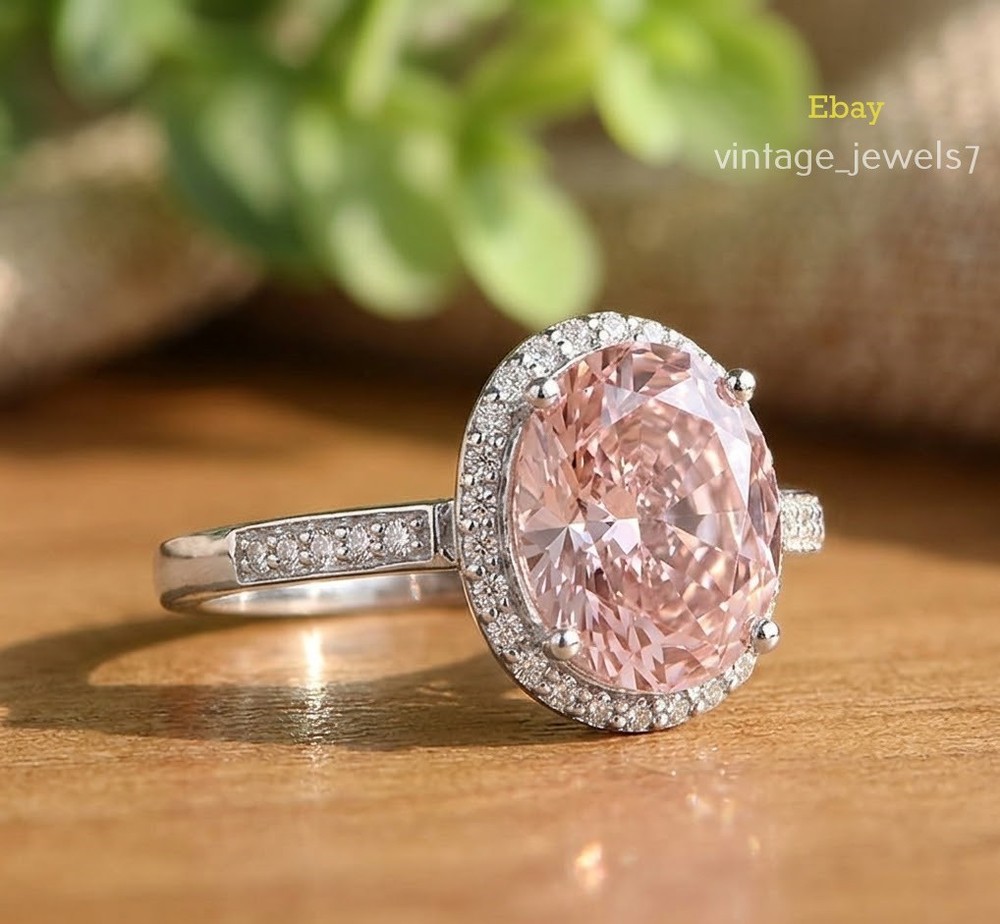 Genuine Pink Sapphire 4CT Oval Wedding Halo Engagement Ring 14K White Gold FN