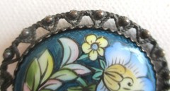 VTG Soviet USSR Floral Painted Porcelain Oval Russian Rostov Finift Brooch Pin