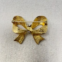 Gold-Tone Bow Brooch With Rhinestone Accents Marked