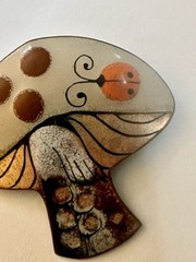 Vintage Signed Nanci Mushroom Ladybug Mid Century MCM Enamel Copper Pin Brooch