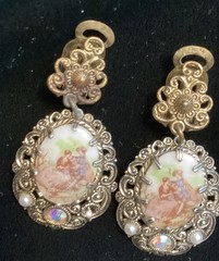 Vintage Porcelain Filigree Courting Couple Art Brooch and Earrings Set