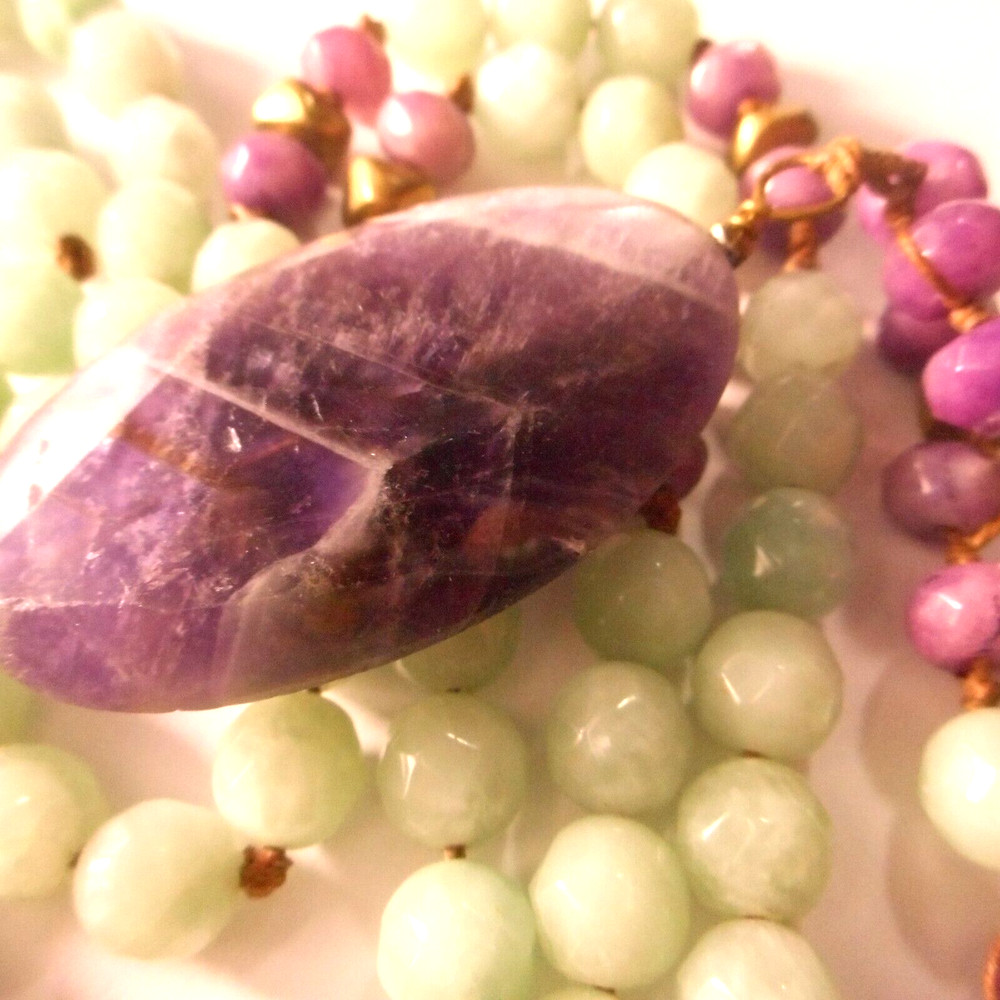 Vtg in2 Amethyst Pendant Charoite Aventurine Goldtone Beaded Necklace 31/33″