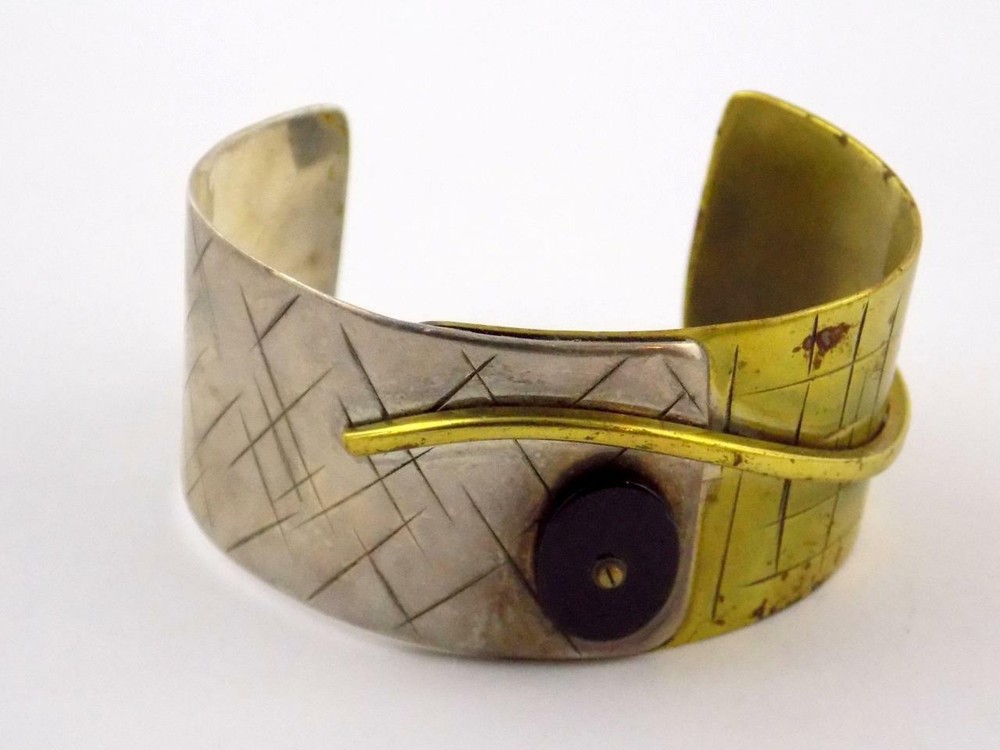 Vintage Sterling Silver and Brass Black Onyx Wide Cuff Bracelet 6.75 In V GOOD