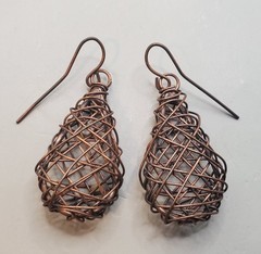 4 Pr. Vtg COPPER Artisian Earrings: Buddha Knot, Basket, Pink & Purple Enamel