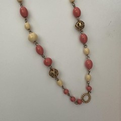 VTG 70’s Monet Pink Peach Beaded Strand Necklace Gold Tone 19/38” StatementRARE