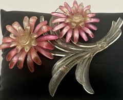 Vintage Pink Clear Lucite Style Flower Brooch Large Dimensional Floral Pin