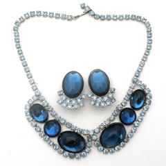 Blue Rhinestone 16″ Necklace & Earrings Jewelry Set Prong Set Stones Vintage