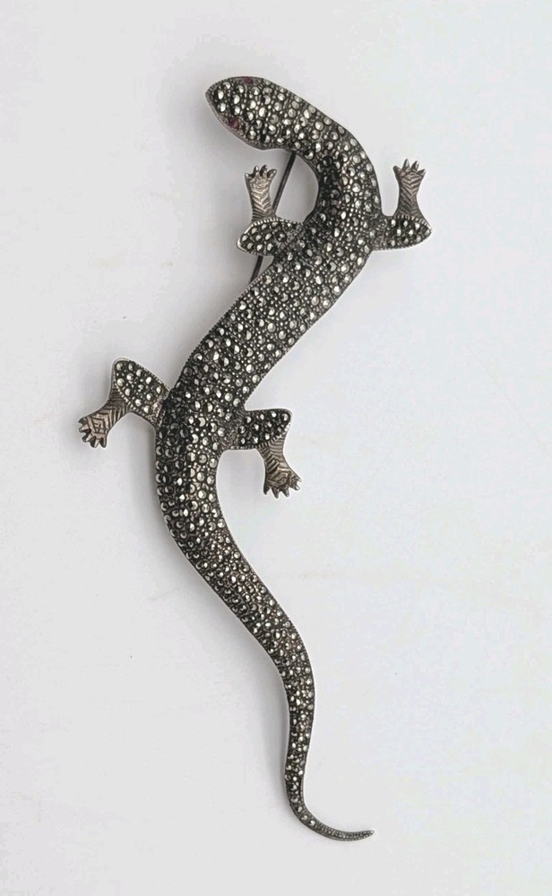 5½” Long Vintage Sterling Silver Marcasite Lizard Gecko Red Eyes Pin Brooch 30g