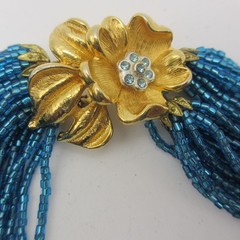 Vtg Glass Sead Bead Necklace Rhinestone Clasp Blue Multistrand Gold Tone 15 Inch