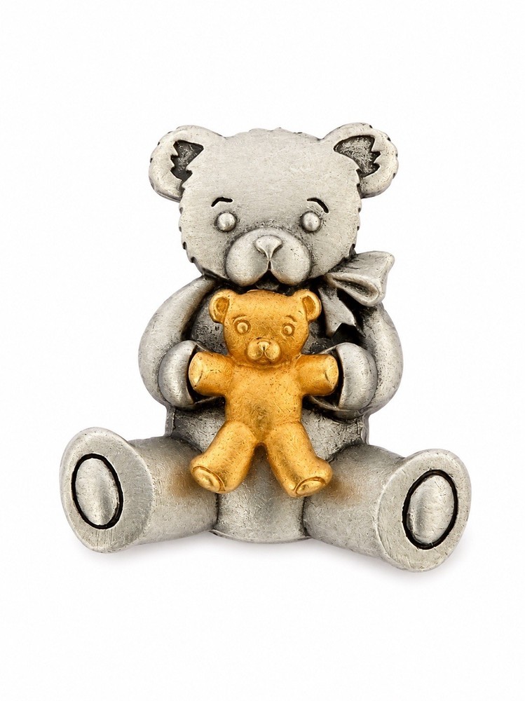 Vintage JJ Teddy Bear Brooch Silver Gold Tone Bear Holding Teddy Pin 2”
