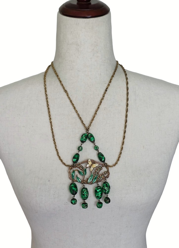 Art Nouveau Statement Bib Necklace Enamel Butterfly Lava Glass REPURPOSED