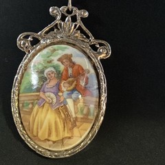 Large Beautiful Vintage LIMOGES FRANCE Cameo Necklace Courting Couple Porcelain