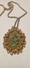 Vintage Gold Tone Ornate Necklace With Faux Jade Chips Center