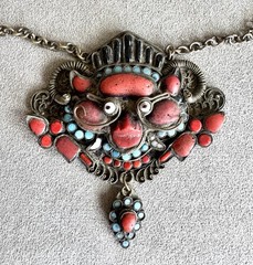 Vtg Tibetan Nepali HUGE 4″ WRATHFUL DEITY PENDANT Coral Turquoise Brass NECKLACE