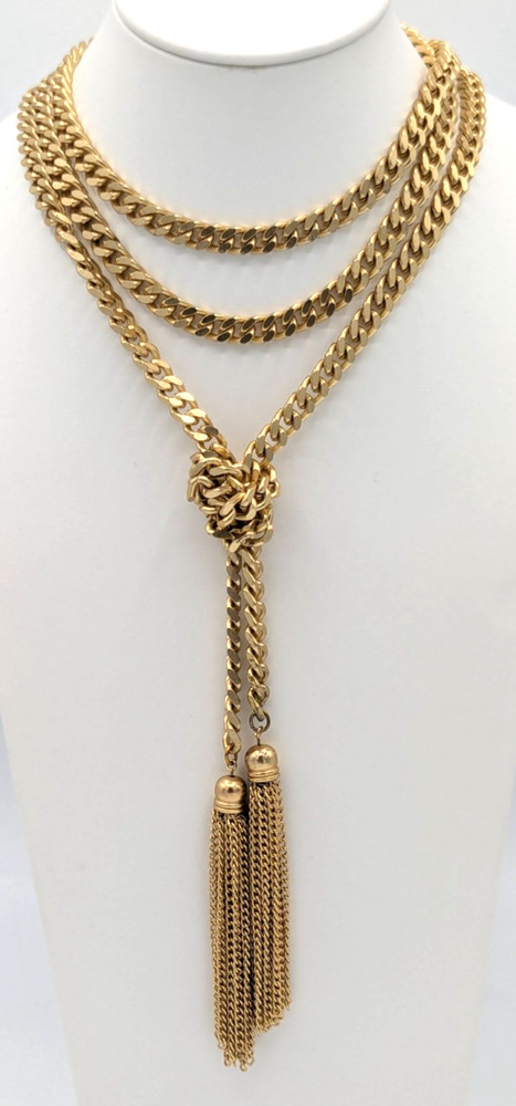 Vintage Lariat Necklace Gold Tone Curb Link Chain Tassels Flapper Open Wrap 52″