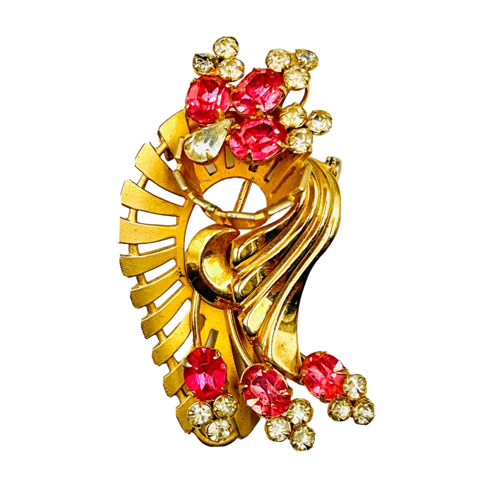 Vintage Fan Wave Rhinestone Brooch Red and Clear Prong Set Stones Gold Tone Pin