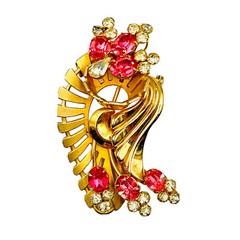 Vintage Fan Wave Rhinestone Brooch Red and Clear Prong Set Stones Gold Tone Pin
