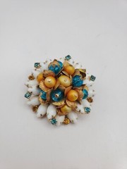 Vintage Jewlery Brooch Earring Set Clip On Gold Blue Beads Women Accessory