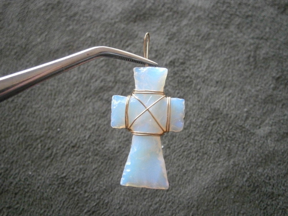 Opalite Milky White Vintage Goldtone Wire Wrapped Cross Pendant 2.4g