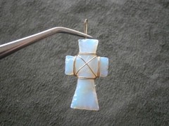 Opalite Milky White Vintage Goldtone Wire Wrapped Cross Pendant 2.4g