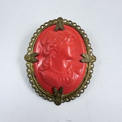 Vintage Bright Orange Plastic Celluloid Cameo Gold Tone Oval Brooch Lightweight