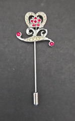 Vintage stick pin heart floral design clear & red rhinestones gold tone