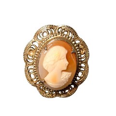 Vintage Cameo Brooch Carved Shell Portrait 1920s Orange White ornate filagree