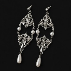 Vintage Silver Tone Faux Pearls Victorian Style Dangle Pierced Earrings